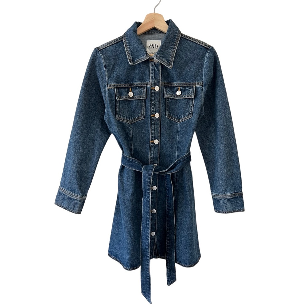 Zara Denim Button Front Tie Waist Aline Mini Dress Size Small Dark Wash